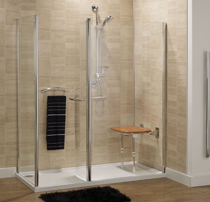 The Empress is a modular shower with fixed screen and drying area.