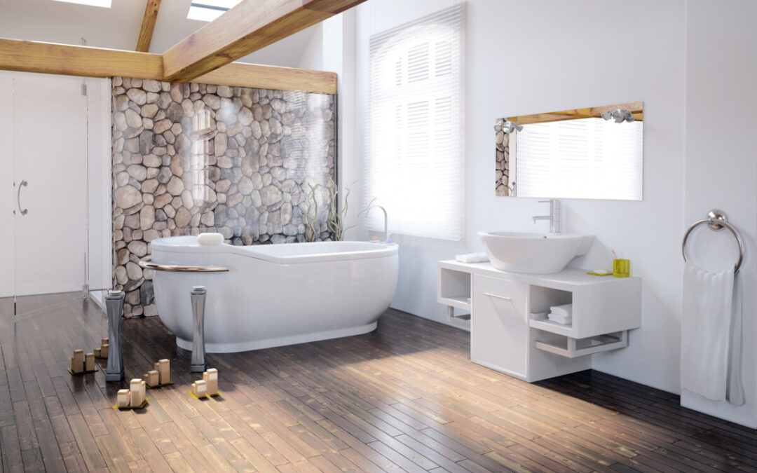 Bathroom Design with interesting wood panel flooring