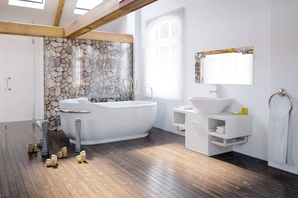 Bathroom Design with interesting wood panel flooring