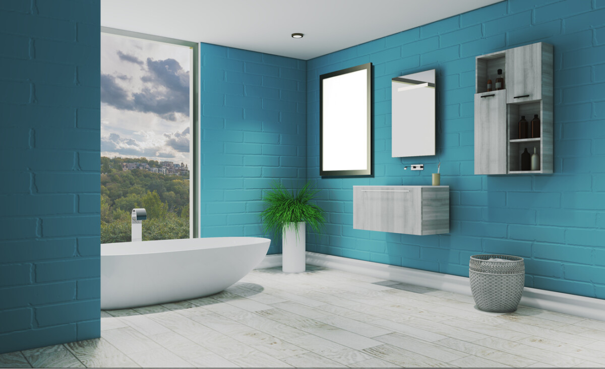 View of a large bath, in turquoise blue and light floor.
