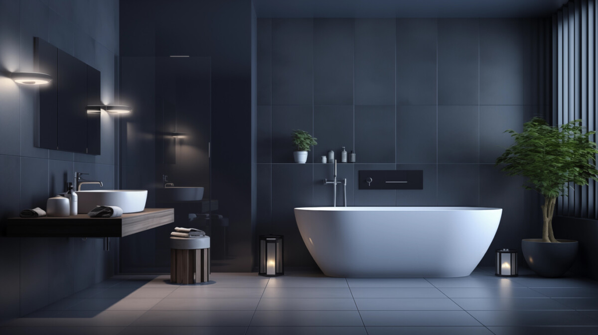modern dark blue bathroom minimalistic interior luxury elegance style