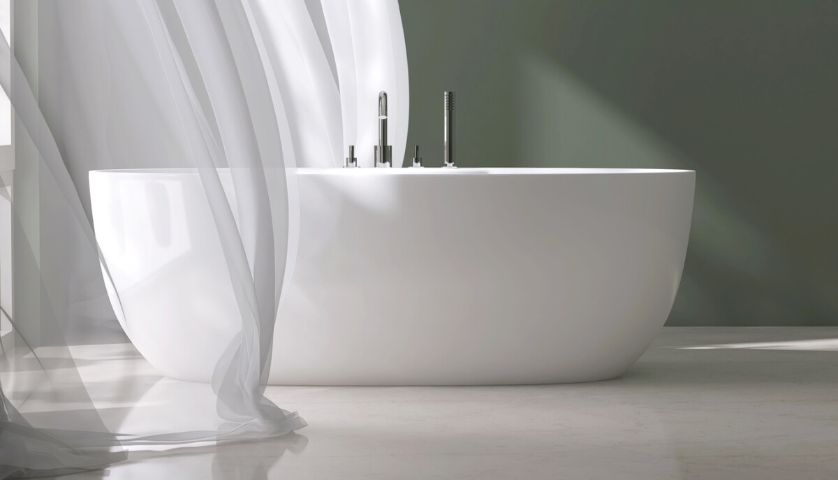 White ceramic bathtub with chrome shower head and faucet, sheer curtain blowing in sunlight, wooden floor, and sage green wall.