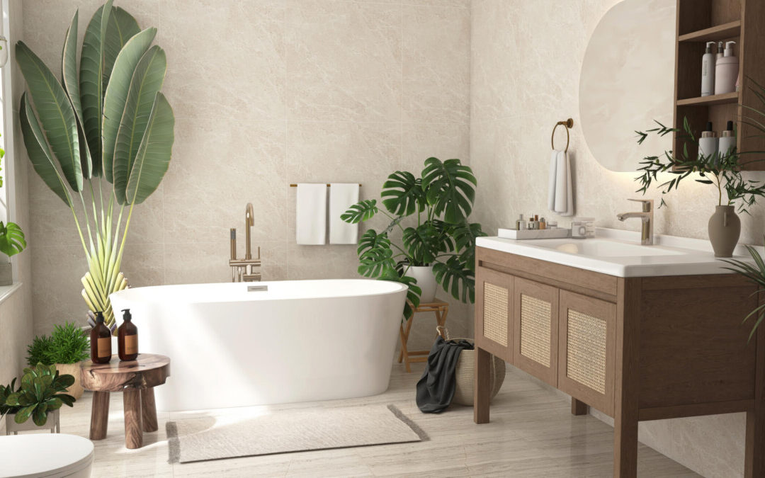 Plants in scandi-style bathroom.