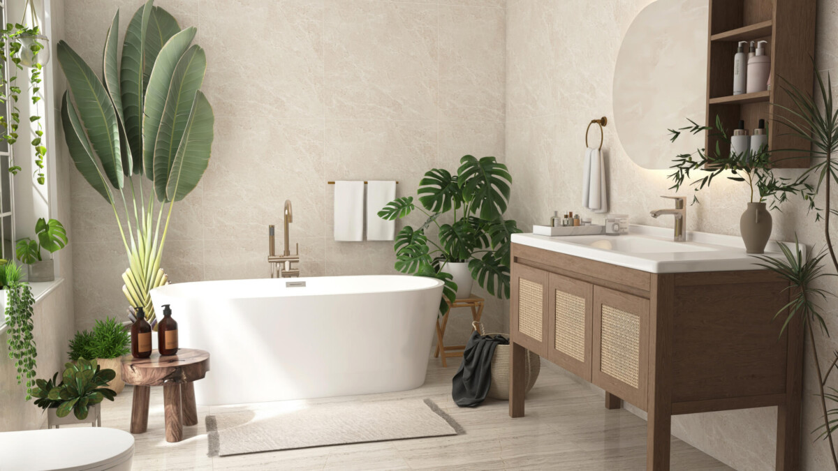 Plants in scandi-style bathroom.