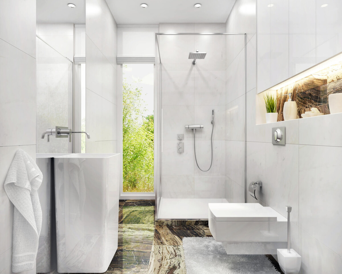 Modern white bathroom with shower and window stock.