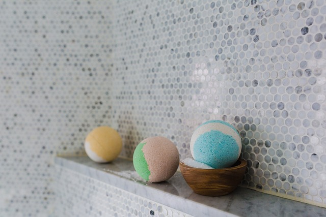 An image of three bath bombs on a bathroom shelf