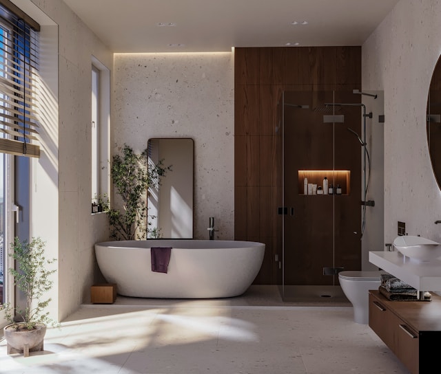 An image of a bathroom with Japandi style elements