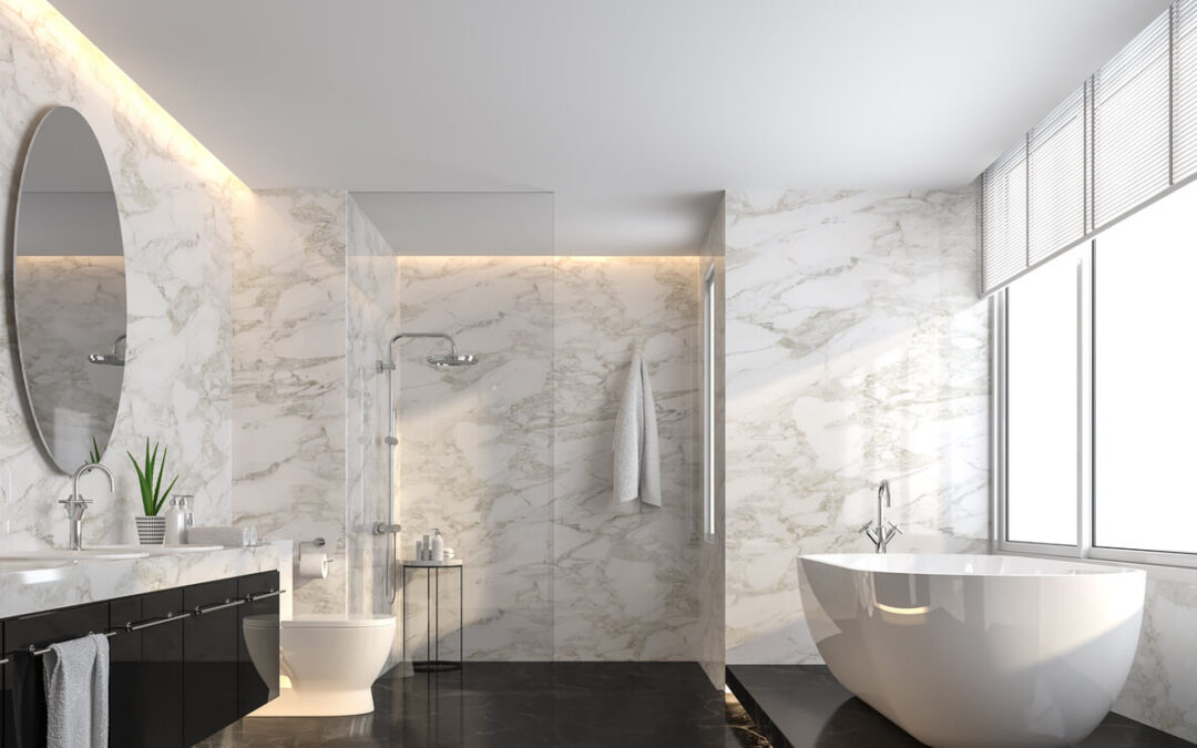 Luxury bathroom with black marble floor and white marble wall 3d render